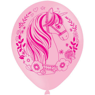Floral Pink Unicorn Latex Balloons - 6 Pack