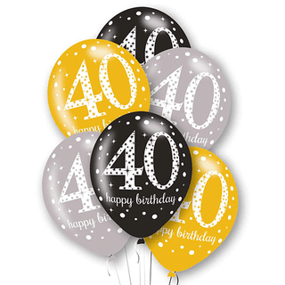 Age 40 Latex Black, Silver and Gold - 6 Pack