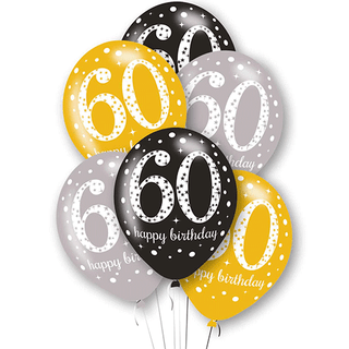 Age 60 Latex Black, Silver and Gold - 6 Pack