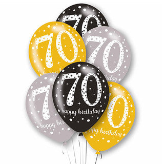 Age 70 Latex Black, Silver and Gold - 6 Pack