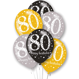 Age 80 Latex Black, Silver and Gold - 6 Pack