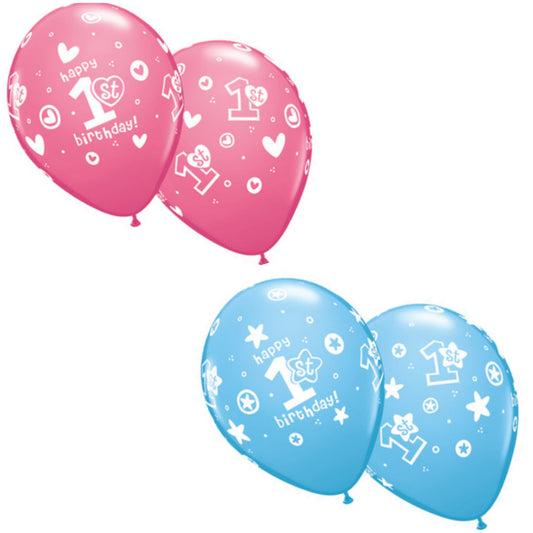 Age 1 Latex Balloon Stars and Hearts - 25 Pack (Available in Singles)