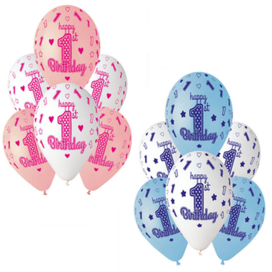 Age 1 Latex Balloon 1st Birthday - 6 Pack