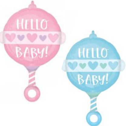 Hello Baby Girl/ Boy Rattle Supershape Foil Balloon