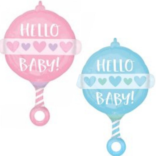 Hello Baby Girl/ Boy Rattle Supershape Foil Balloon