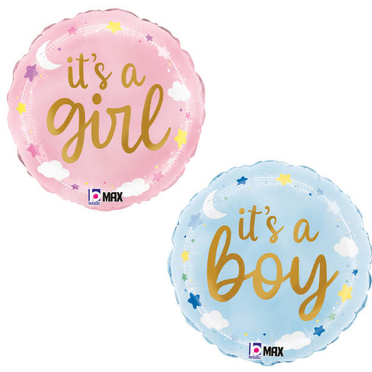 It's a Girl/ Boy Moon and Clouds 18" Foil Balloon