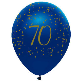 Age 70 Latex Balloon Blue and Gold - 6 Pack