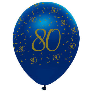 Age 80 Latex Balloon Blue and Gold - 6 Pack