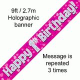 Happy 1st Birthday Pink Holographic Banner