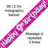 Happy 9th Birthday Pink Holographic Banner