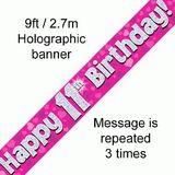 Happy 11th Birthday Pink Holographic Banner
