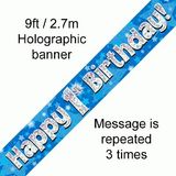 Happy 1st Birthday Blue Holographic Banner