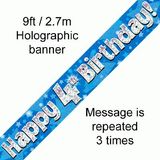 Happy 4th Birthday Blue Holographic Banner