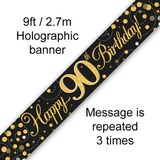 Happy 90th Birthday Black and Gold Sparkling Fizz Banner