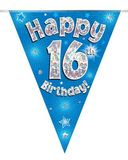 Happy 16th Birthday Blue Holographic Bunting