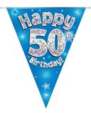 Happy 50th Birthday Blue Holographic Bunting