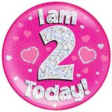 I am 2 Today Holographic Pink Badge Jumbo