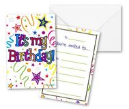 Happy Birthday Ribbons and Stars Invitations 8pkt