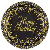 Happy Birthday Sparkling Fizz Black and Gold Plates 8pkt