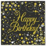 Happy Birthday Sparkling Fizz Black and Gold Napkins 16pkt