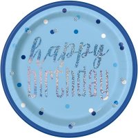 Happy Birthday Glitz Blue Plates 8pkt