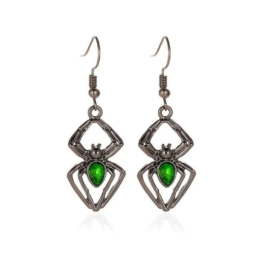 Green Gem Spider Earrings