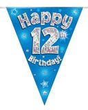 Happy 12th Birthday Blue Holographic Bunting