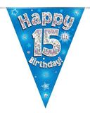 Happy 15th Birthday Blue Holographic Bunting