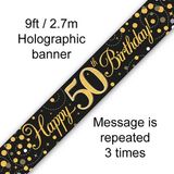 Happy 50th Birthday Black and Gold Sparkling Fizz Banner