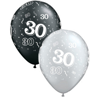 Age 30 Latex Balloon Black and Silver - 25 Pack (Available in Singles)