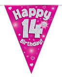 Happy 14th Birthday Pink Holographic Bunting
