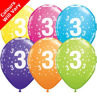 Age 3 Latex Balloon Multi Coloured - 25 Pack (Available in Singles)
