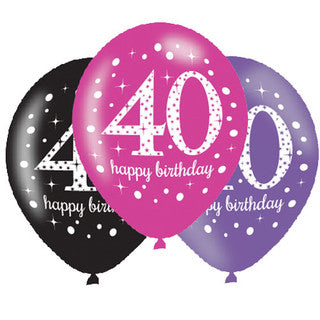 Age 40 Latex Black, Pink and Purple - 6 Pack