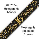 Happy 16th Birthday Black and Gold Sparkling Fizz Banner