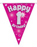 Happy 1st Birthday Pink Holographic Bunting