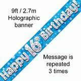 Happy 16th Birthday Blue Holographic Banner