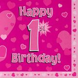 Happy 1st Birthday Pink Napkins 16pkt