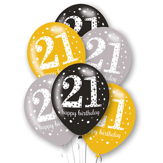 Age 21 Latex Black, Silver and Gold - 6 Pack