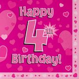 Happy 4th Birthday Pink Napkins 16pkt