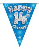 Happy 14th Birthday Blue Holographic Bunting