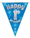Happy 1st Birthday Blue Holographic Bunting