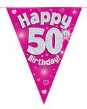 Happy 50th Birthday Pink Holographic Bunting