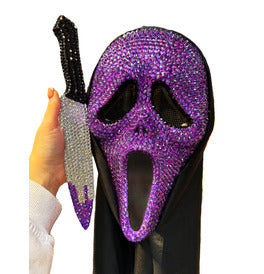 Deluxe Jewelled Scream Ghost Face Mask with Knife Purple