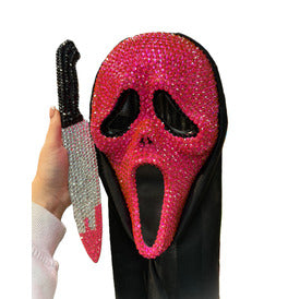 Deluxe Jewelled Scream Ghost Face Mask with Knife Pink