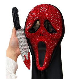 Deluxe Jewelled Scream Ghost Face Mask with Knife Red